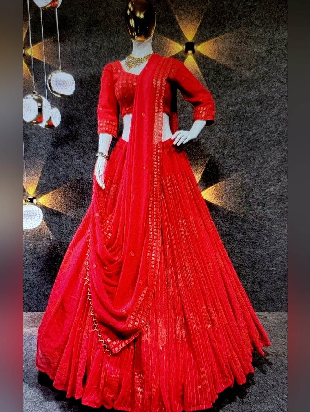 Exotic Elegant Red & Gold Sequin Lehenga Saree Dress w/ Matching Choli & Dupatta